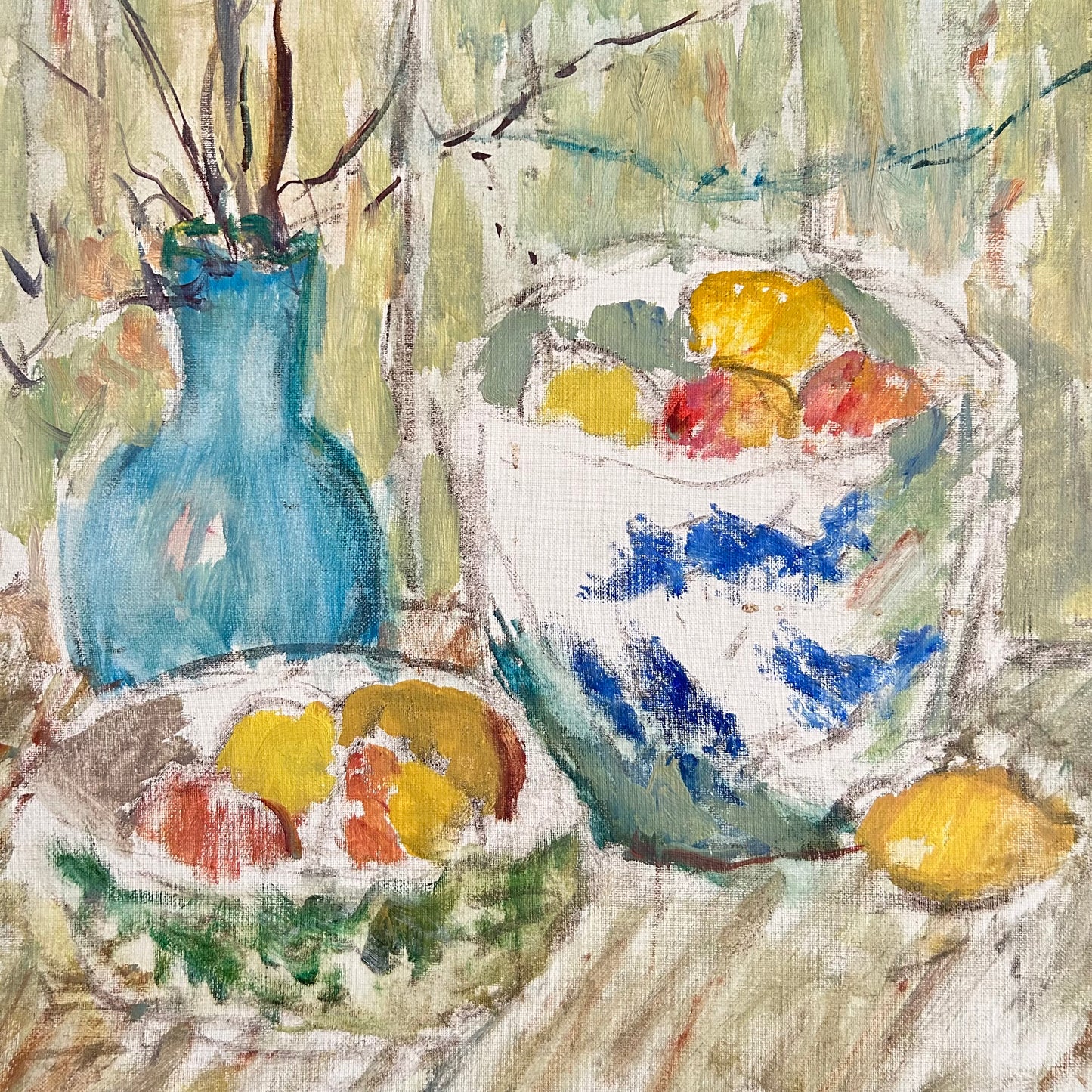 Blue vase and apples
