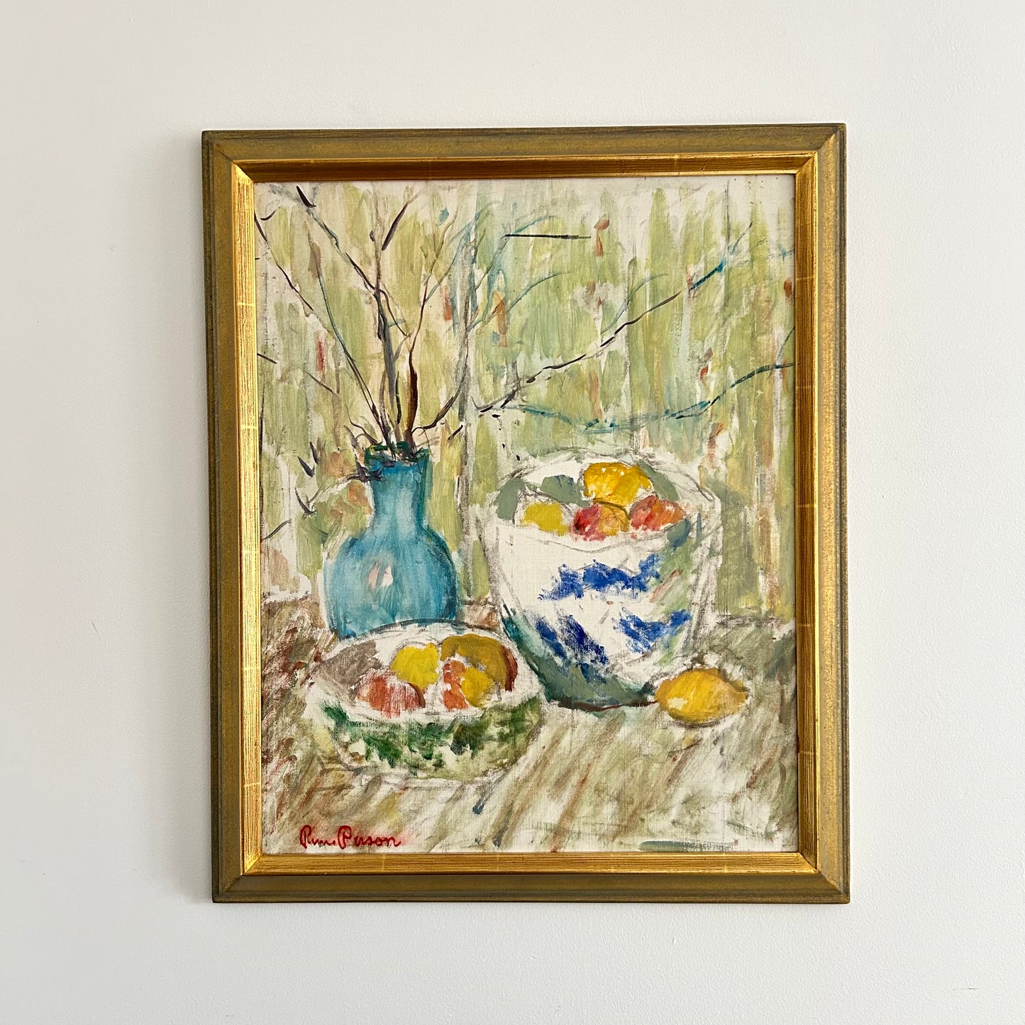 Blue vase and apples